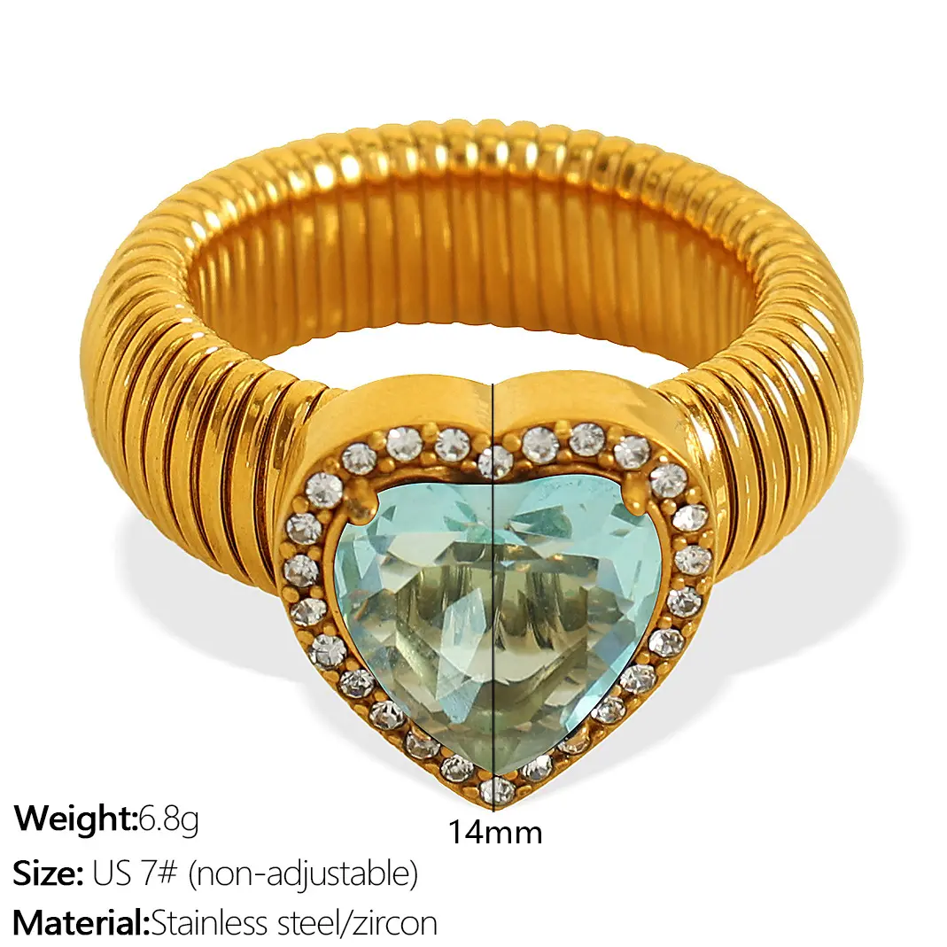 1 Piece Romantic Series Retro Heart Colorful Stainless Steel  Gold Color Zircon Women's Gemstone Rings h5 